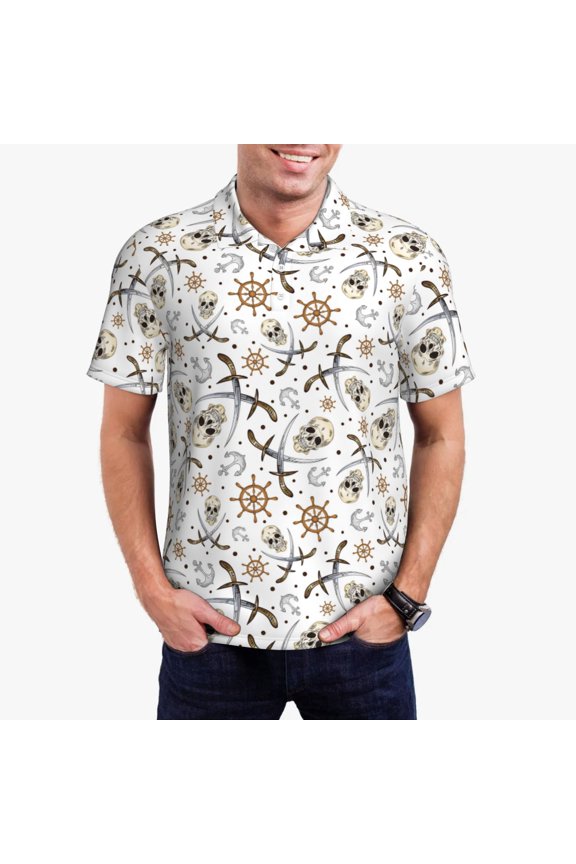 Pirate skulls Print Men's Polo Shirt, Two-Button Closure Pique Polo Shirt, Summer Fashion Golf Shirt-3X-Large