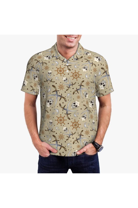 Pirate skulls Print Men's Polo Shirt, Two-Button Closure Pique Polo Shirt, Summer Fashion Golf Shirt-Large
