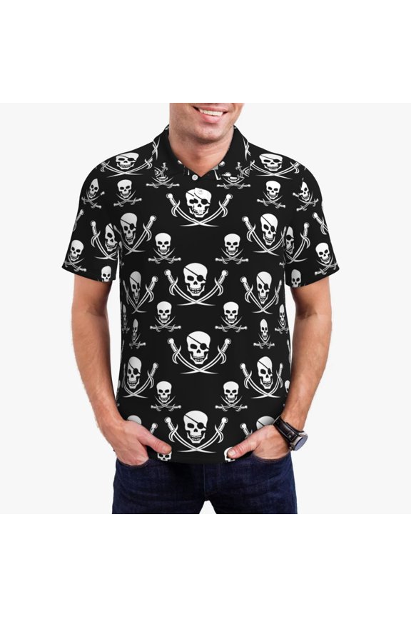 Pirate skulls Print Men's Polo Shirt, Two-Button Closure Pique Polo Shirt, Summer Fashion Golf Shirt-X-Large