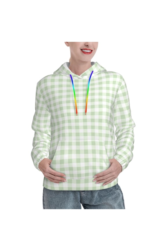 Pistachio Green Checkboard Pattern Casual Women's Hoodie, Hooded Sweatshirt with Kangaroo Pocket, Comfortable Pullover with Eye-catching Drawstrings-Small