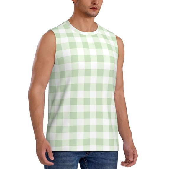 Picia Pistachio Green Checkboard mens Cotton Tank Undershirts , Moisture-wicking Ribbed Tanks, Lightweight Cotton Tank Undershirts-X-Large