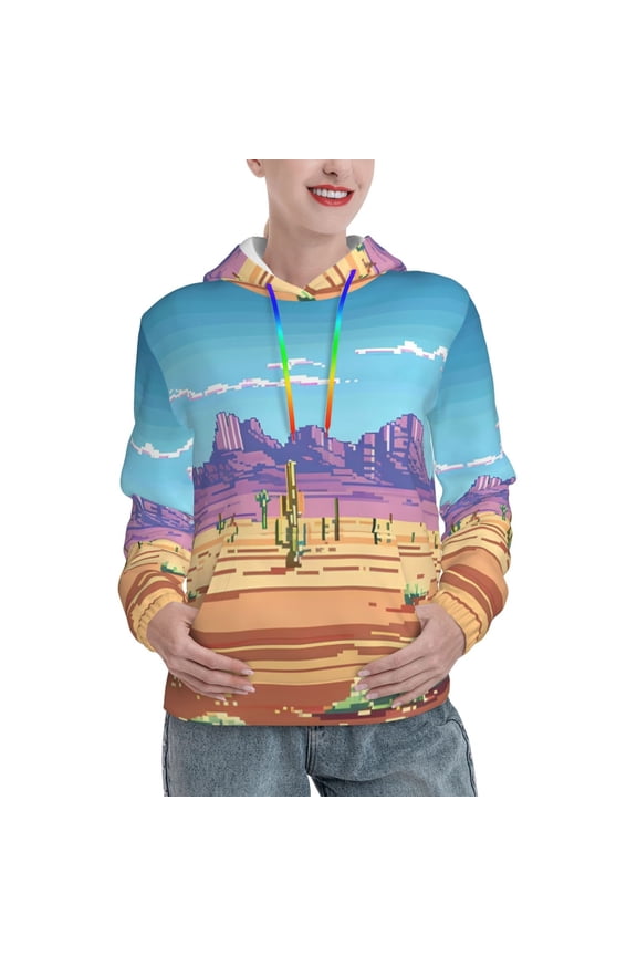 Pixel Desert Landscape Pattern Casual Women's Hoodie, Hooded Sweatshirt with Kangaroo Pocket, Comfortable Pullover with Eye-catching Drawstrings-Large