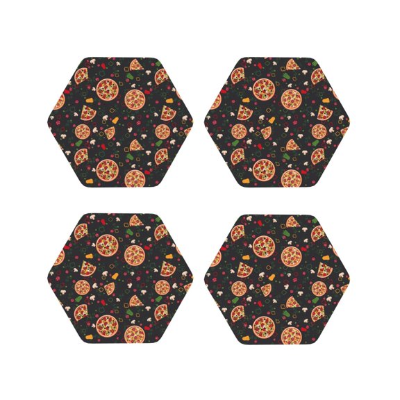 Picia Pizzas Mushrooms Printed Leather Coasters for Drinks, 4" Drink Coasters Set of 4 for Tabletop Protection, Handmade Luxurious Home Décor and Housewarming Gift -Hexagon