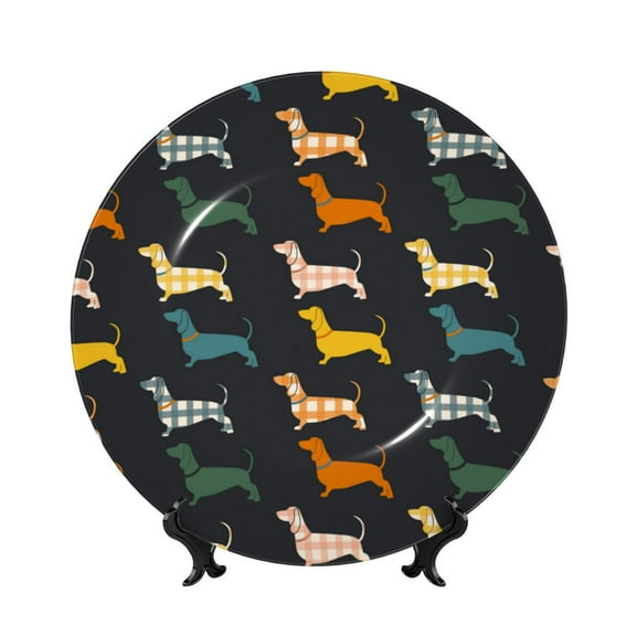 Picia Plaid Dachshund Pattern Bone China Decorative Plate – Wall Decor with Stand and Adhesive, Elegant Ornament for Living Room, Office, or Entryway-6in