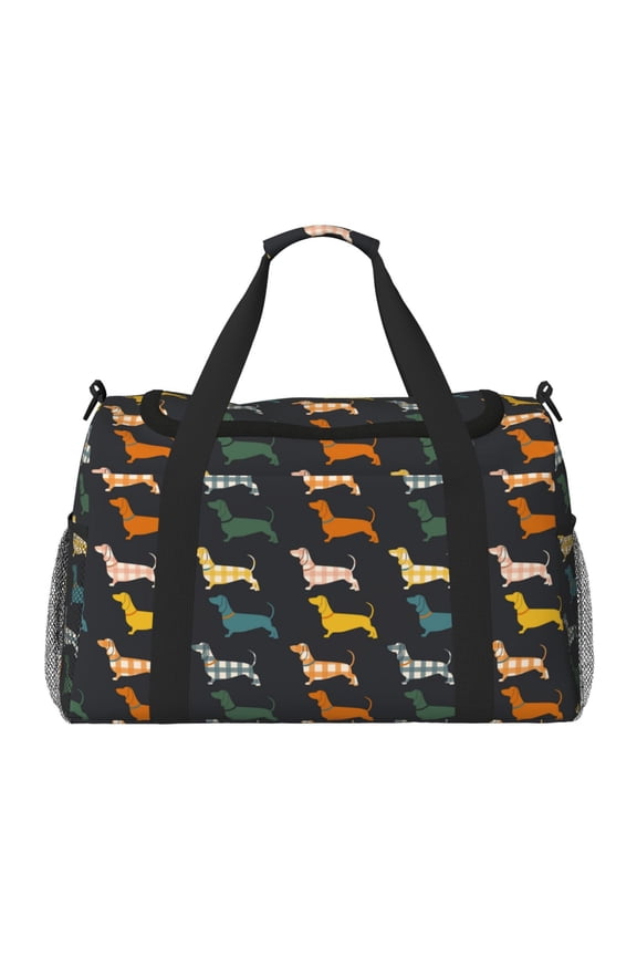 Plaid Dachshund Print Travel Duffle Bag,Weekender Bags for Women with Shoe Compartment, Gym Duffel Bag with Wet Pocket, Hospital Bags for Labor and Delivery