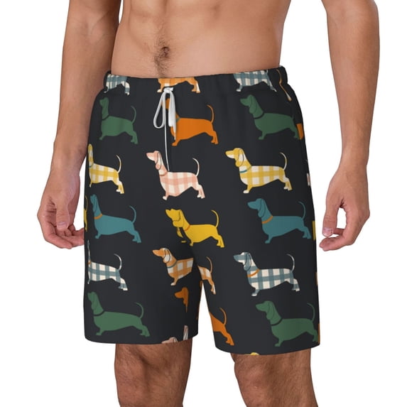 Picia Plaid Dachshund pattern Mens Swim Trunks with Compression Liner Stretch Beach Shorts Quick Dry with Zipper Pockets No-Chafing Board Shorts-Medium