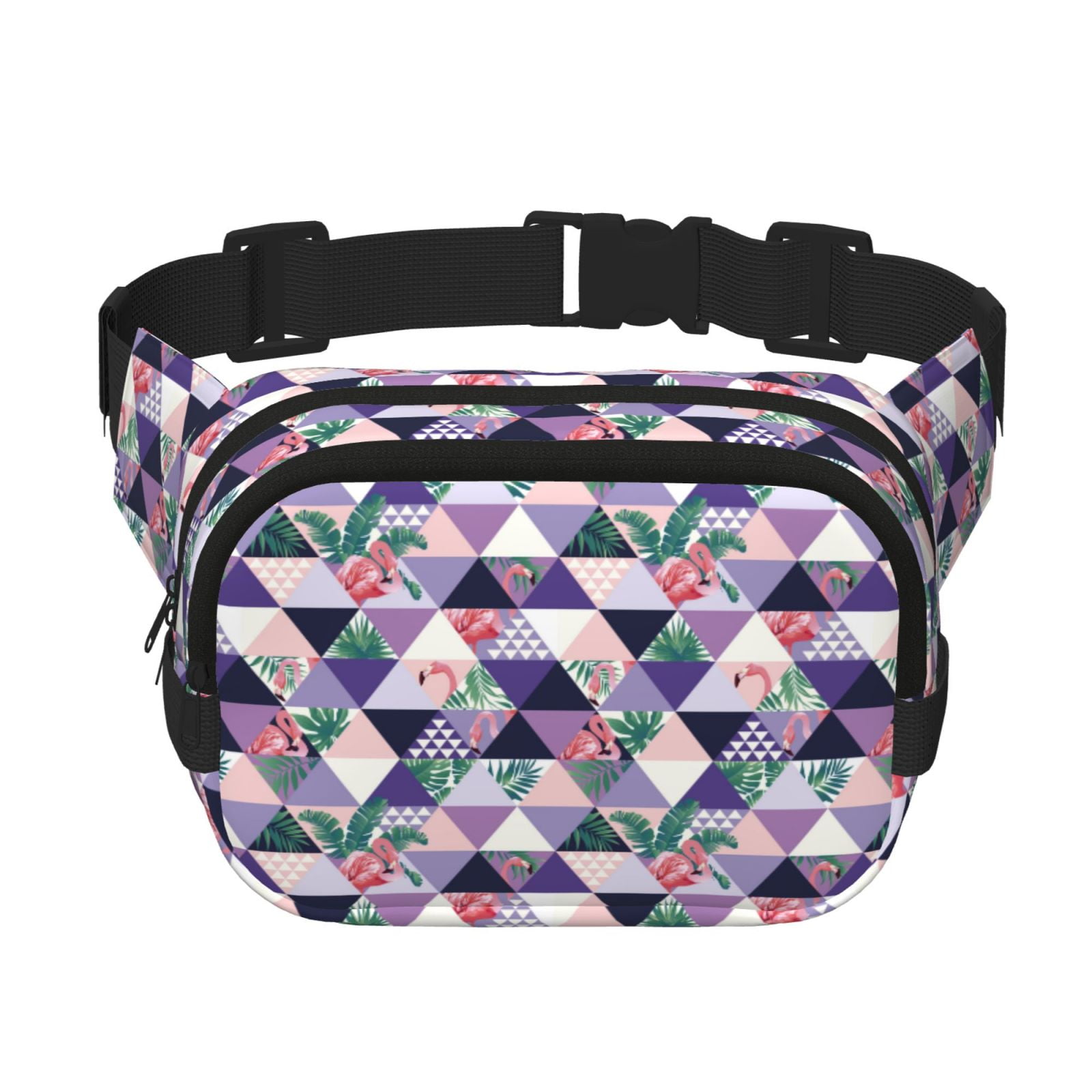 Picia Plaid Flamingo Print Square Double-Layer Waist Bag Mini Adjustable Waist Belt Bag Exercise Running Travel Hiking