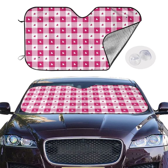 Picia Plaid Heart Curved Windshield Sunshade Accordion Folding Style Auto Shade for Car Truck SUV Van Blocks UV Ray Sun Visor Protector -Small