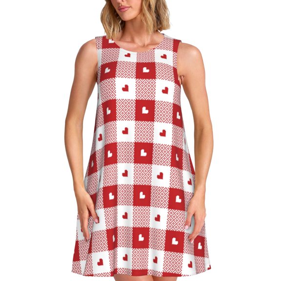 Picia Plaid Heart Print Women’s Sleeveless Midi Swing Dress – A-Line Pleated Tank Sundress, Comfortable and Flowy T-Shirt Dress