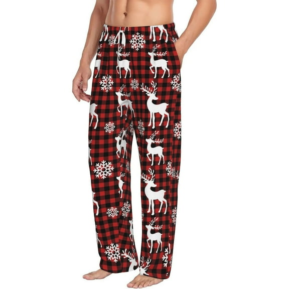 Picia Plaid Reindeer Snowflakes Mens Soft Woven Cotton Elastic Waistband Sleep Pajama Pant Lounge Sleep Pant With Pockets And Drawstring-XX-Large