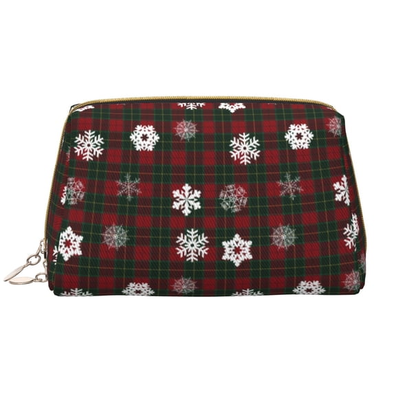 Picia Plaid Snowflakes Festive Print Leather Makeup Bag Make Up Bag Travel Toiletry Bag for Her Girlfriend Teacher Teen Girl Gifts