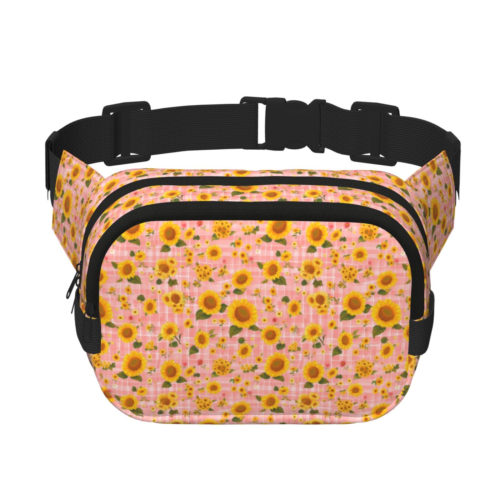Picia Plaid Sunflower Print Square Double-Layer Waist Bag Mini Adjustable Waist Belt Bag Exercise Running Travel Hiking