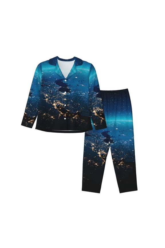 Planet Earth Pattern Women’s Long-Sleeve Sleepwear Set - Soft 2-Piece Loungewear with Pockets, Comfy PJs for Relaxing Nights-Medium