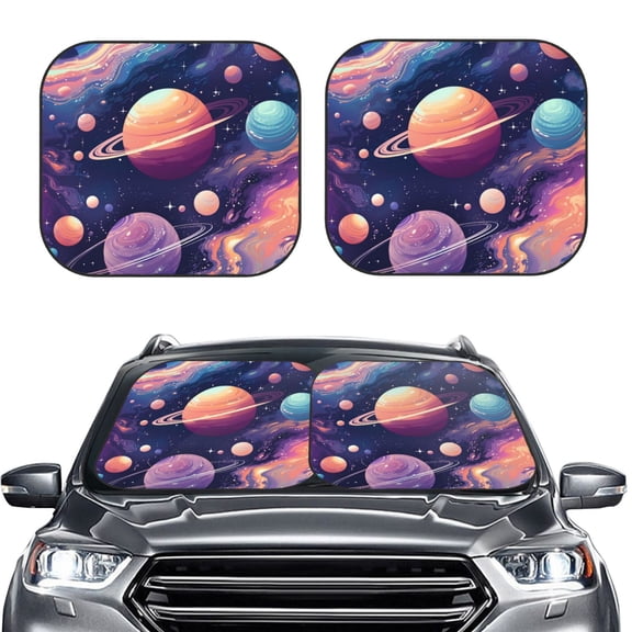 Picia Planet Pastel Galaxy 2 Piece Car Windshield Sun Shade Foldable | Foldable Sun Shield for Front Window Blocks UV Rays and Keeps Your Vehicle Cool-Small