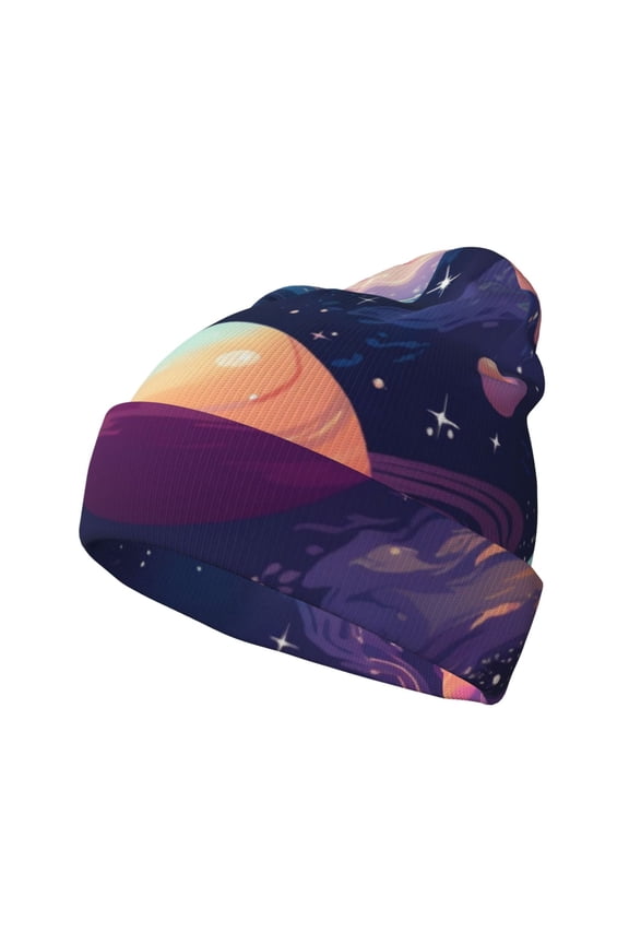 Planet Pastel Galaxy Pattern Knitted Beanie Hat for Men and Women , Unisex Winter Warm Stretchy Knit Cap Thick Fisherman Beanies Cuffed Plain Skull Caps