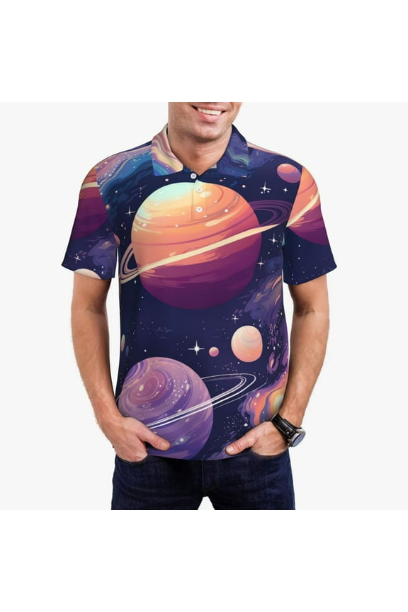 Planet Pastel Galaxy Print Men's Polo Shirt, Two-Button Closure Pique Polo Shirt, Summer Fashion Golf Shirt-Medium