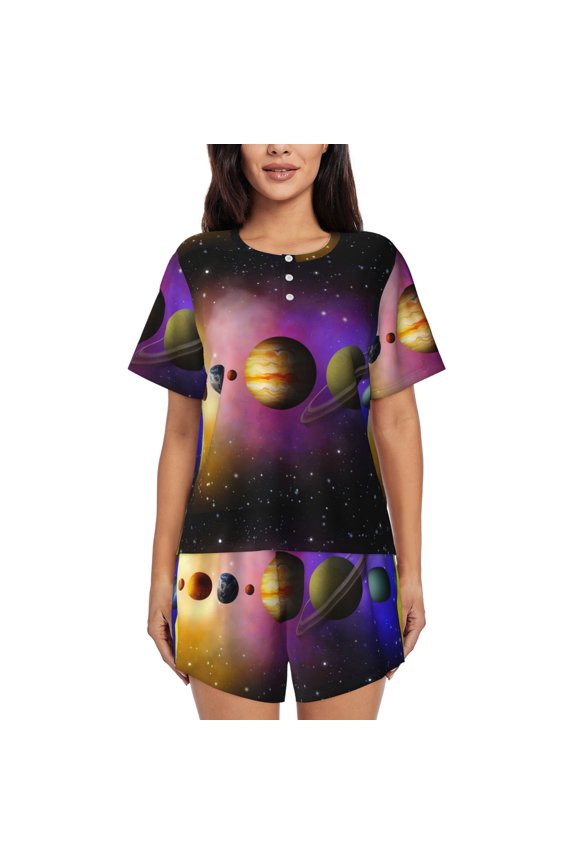 Planets And Stars Pajamas Sets for Women Soft Short-Sleeved Pjs with Lounge Shorts Two Piece Sleepwear-Medium