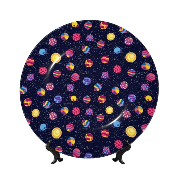 Picia Planets Pattern Bone China Decorative Plate – Wall Decor with Stand and Adhesive, Elegant Ornament for Living Room, Office, or Entryway-6in