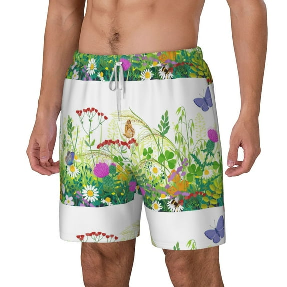 Picia Plants and Insects pattern Mens Swim Trunks with Compression Liner Stretch Beach Shorts Quick Dry with Zipper Pockets No-Chafing Board Shorts-Medium
