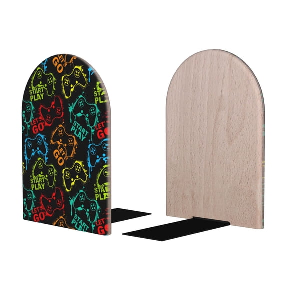 Picia Play Game Start Pattern Wood Bookends for Shelves,Non-slip Bookends, Heavy Duty Wooden Bookend Support,1 Pair