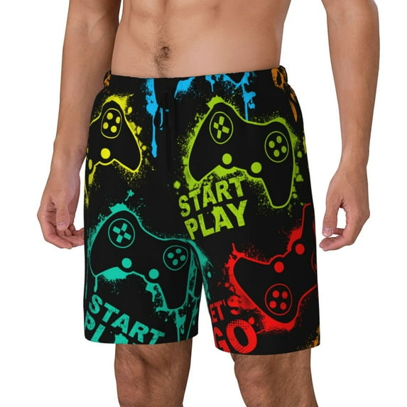 Picia Play Game Start pattern Mens Swim Trunks with Compression Liner Stretch Beach Shorts Quick Dry with Zipper Pockets No-Chafing Board Shorts-X-Large