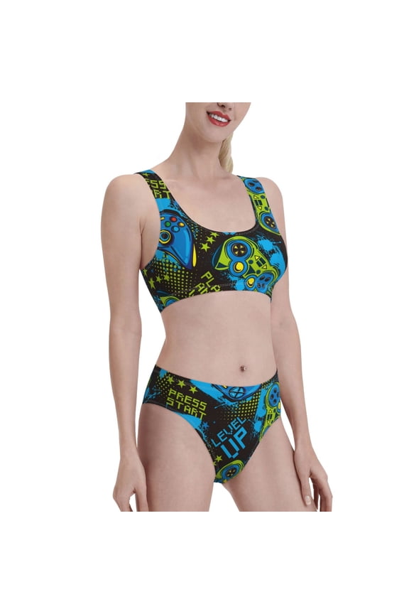 Play Game Women's High Waisted Bikini Scoop Neck Swimsuit Two Pieces Bathing Suit-Medium