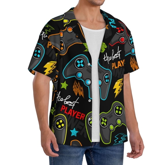 Picia Play Game3 Men's Linen Shirts Short Sleeve Cuban Beach Shirts Casual Shirts Button Down Shirt for Men Beach Summer Wedding Shirt-X-Large