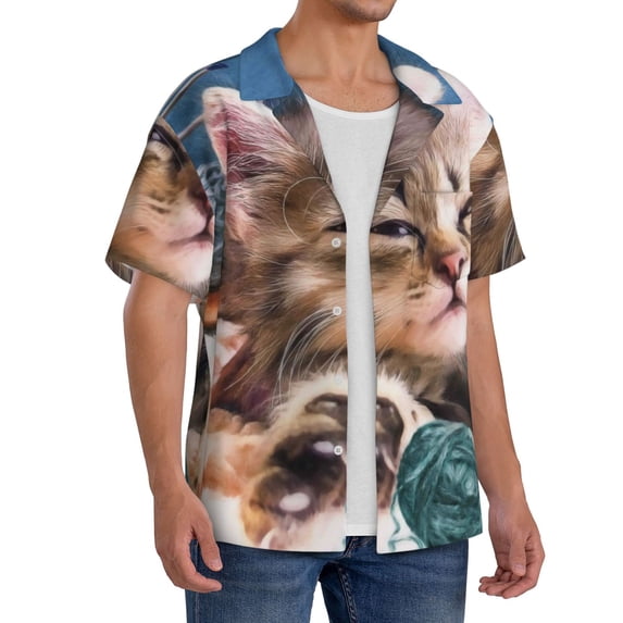Picia Playful Cat Men's Linen Shirts Short Sleeve Cuban Beach Shirts Casual Shirts Button Down Shirt for Men Beach Summer Wedding Shirt-X-Large