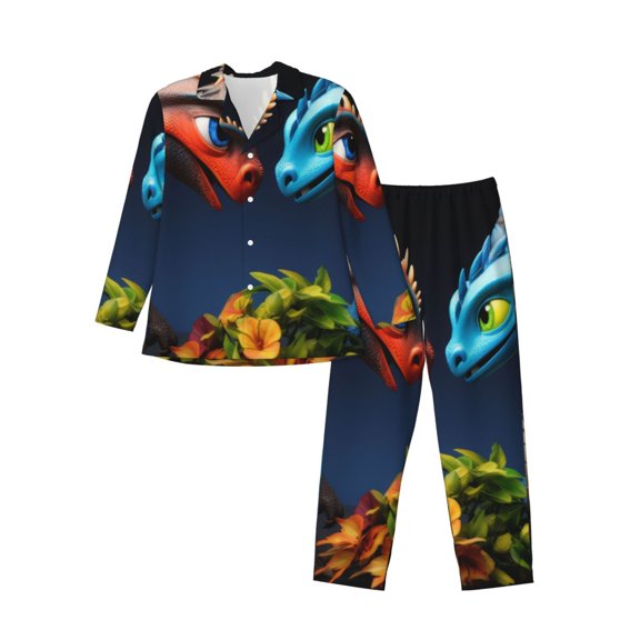Picia Playful Colorful Dragons Flowers Pattern Men’s Long-Sleeve Sleepwear Set - Soft 2-Piece Loungewear with Pockets, Comfy PJs for Relaxing Nights-Small