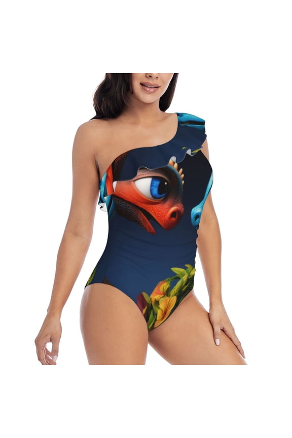 Playful Colorful Dragons Flowers Pattern Women's One Piece Swimsuits,One Shoulder Swimwear Asymmetric ,Ruffle Monokinis Bathing Suits,High Waisted Flattering Bathing Suits-Medium