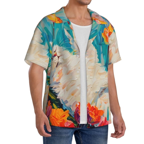 Picia Playful Floral Cat Men's Linen Shirts Short Sleeve Cuban Beach Shirts Casual Shirts Button Down Shirt for Men Beach Summer Wedding Shirt-Small