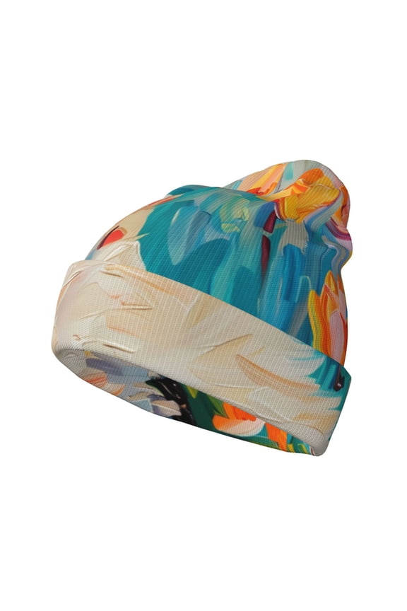 Playful Floral Cat Pattern Knitted Beanie Hat for Men and Women , Unisex Winter Warm Stretchy Knit Cap Thick Fisherman Beanies Cuffed Plain Skull Caps