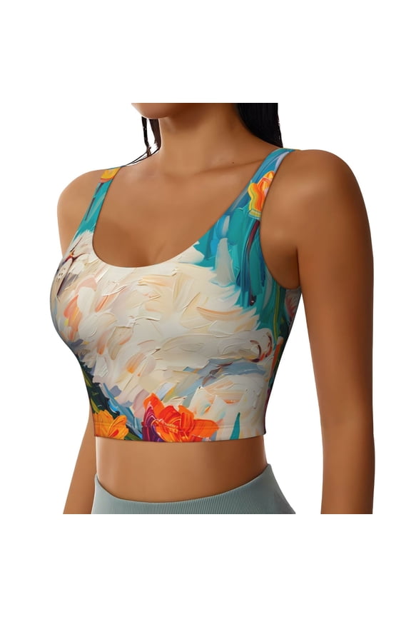 Playful Floral Cat Sports Bra for Women,Padded Strappy Sports Bras Medium Support Yoga Bra with Removable Cups,Running Yoga Bra-X-Large