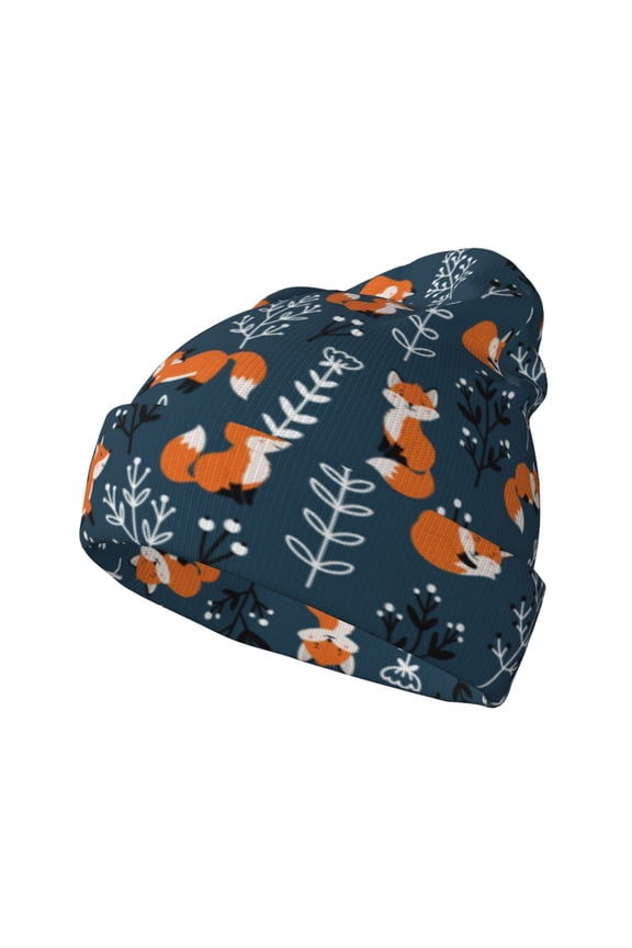 Playful Foxes Forest Blues Pattern Knitted Beanie Hat for Men and Women , Unisex Winter Warm Stretchy Knit Cap Thick Fisherman Beanies Cuffed Plain Skull Caps
