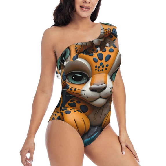 Picia Playful Leopard Art Pattern Women's One Piece Swimsuits,One Shoulder Swimwear Asymmetric ,Ruffle Monokinis Bathing Suits,High Waisted Flattering Bathing Suits-Small