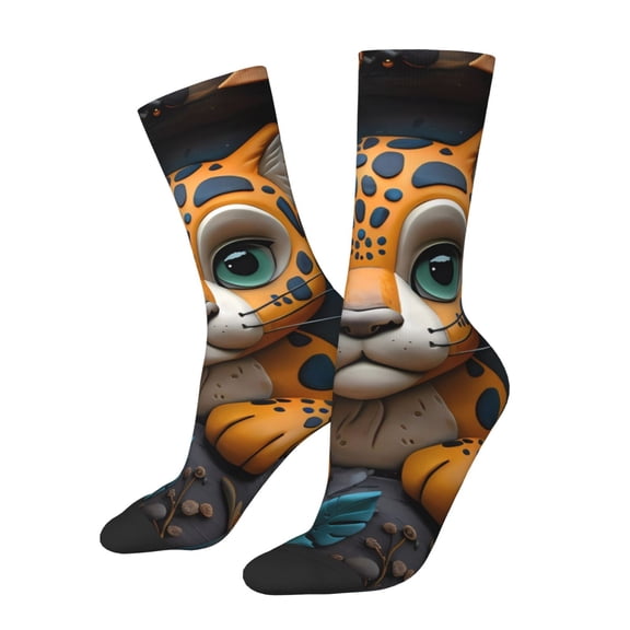 Picia Playful Leopard Art Print Athletic Socks for Men & Women – Cushioned Moisture-Wicking Crew Socks for Sports, Running, and Training, Soft & Breathable Size 5-11
