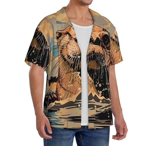 Picia Playful Otter Tropical Beach Men's Linen Shirts Short Sleeve Cuban Beach Shirts Casual Shirts Button Down Shirt for Men Beach Summer Wedding Shirt-3X-Large