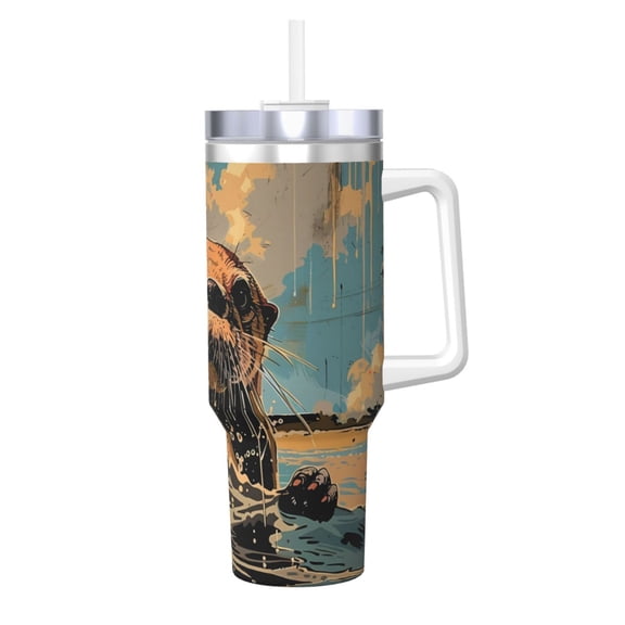 Picia Playful Otter Tropical Beach Pattern 40oz Ice Bully Insulated Tumbler with Handle, Double-Wall Stainless Steel Cup, Leak-Proof Lid and Straw