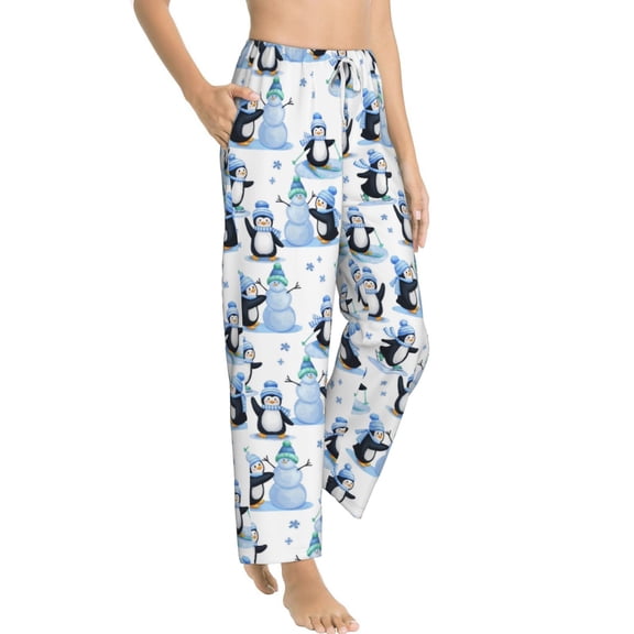 Picia Playful Penguins and Snowmen Womens Soft Woven Cotton Elastic Waistband Sleep Pajama Pant Lounge Sleep Pant With Pockets And Drawstring-Medium