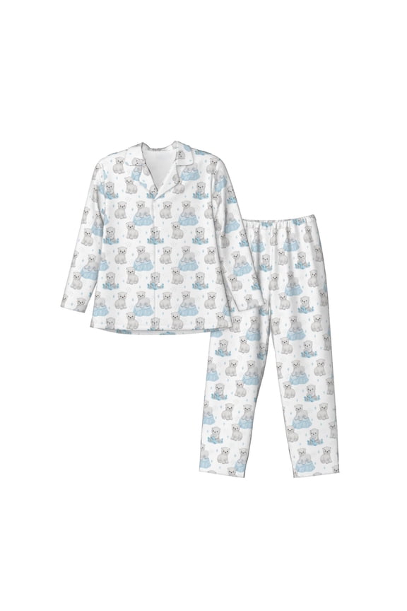 Playful Polar Bear Pals Pattern Men’s Long-Sleeve Sleepwear Set - Soft 2-Piece Loungewear with Pockets, Comfy PJs for Relaxing Nights-Large