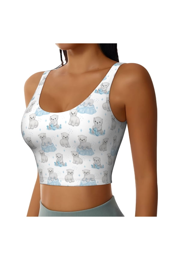 Playful Polar Bear Pals Sports Bra for Women,Padded Strappy Sports Bras Medium Support Yoga Bra with Removable Cups,Running Yoga Bra-Large