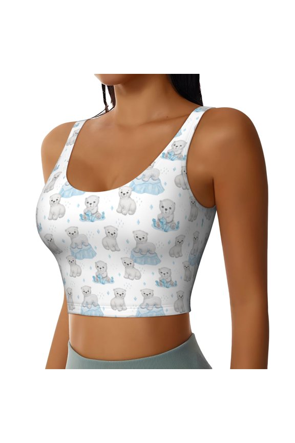 Playful Polar Bear Pals Sports Bra for Women,Padded Strappy Sports Bras Medium Support Yoga Bra with Removable Cups,Running Yoga Bra-Medium