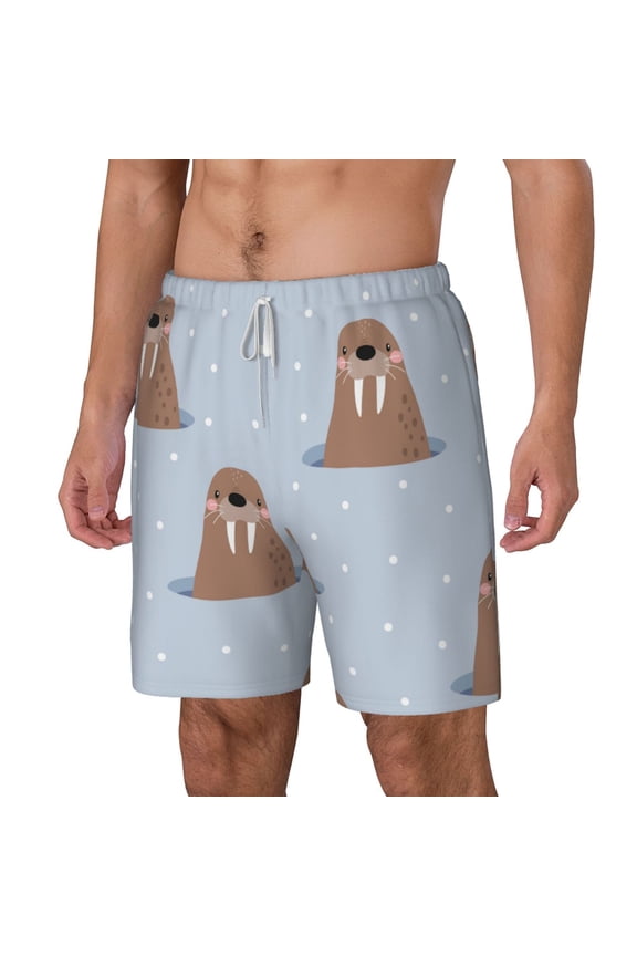 Playful Walrus Wonders pattern Mens Swim Trunks with Compression Liner Stretch Beach Shorts Quick Dry with Zipper Pockets No-Chafing Board Shorts-Small
