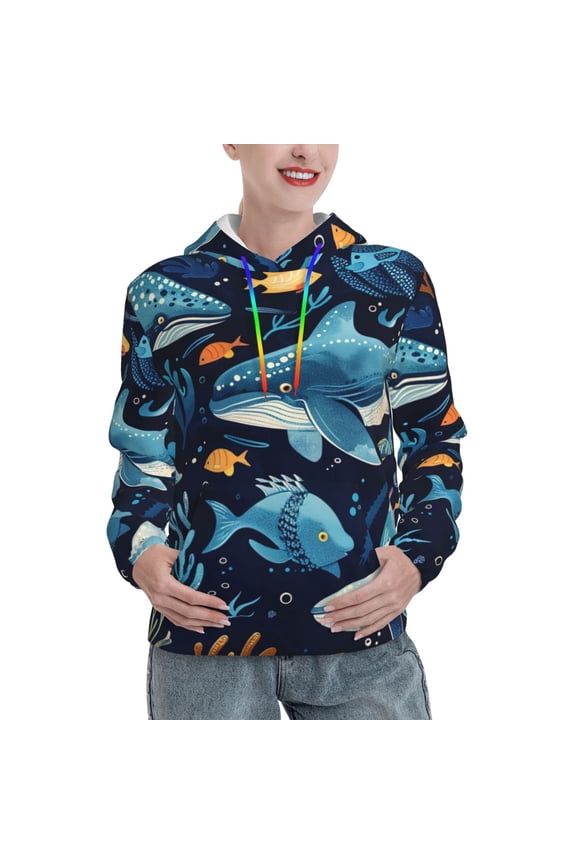 Playful Whales Underwater Scene Pattern Casual Women's Hoodie, Hooded Sweatshirt with Kangaroo Pocket, Comfortable Pullover with Eye-catching Drawstrings-Large