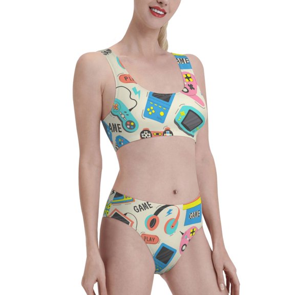 Picia Playing Video Games Women's High Waisted Bikini Scoop Neck Swimsuit Two Pieces Bathing Suit-Small