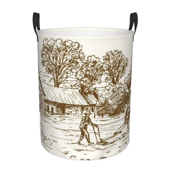 Picia Plowed Field With Horses Pattern Large Laundry Basket, Waterproof, Freestanding Laundry Hamper, Collapsible Tall Clothes Hamper with Extended Handles-Medium