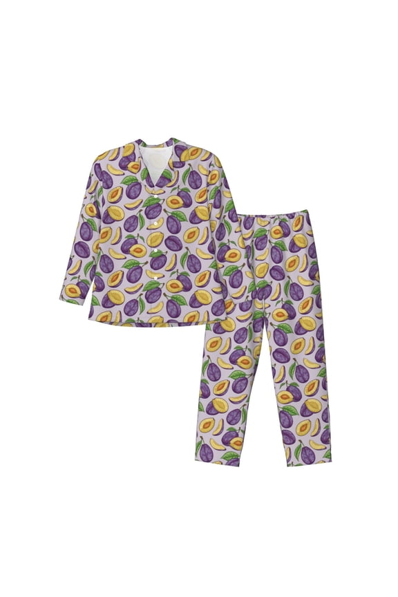 Plum Pattern Men’s Long-Sleeve Sleepwear Set - Soft 2-Piece Loungewear with Pockets, Comfy PJs for Relaxing Nights-Large