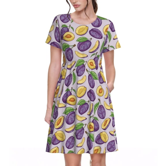 Picia Plum Pattern Women's Short Sleeve Summer Dress Pleated Loose Swing Knee Length Short Sleeve Swing Dresses