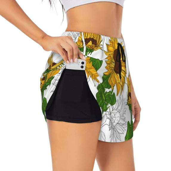 Picia Plump Sunflower And Sketch Pattern Women's 2 in 1 Athletic Running Shorts High Waisted Workout Casual Gym Sweat Shorts with Comfy Liner Zipper Pockets-Small