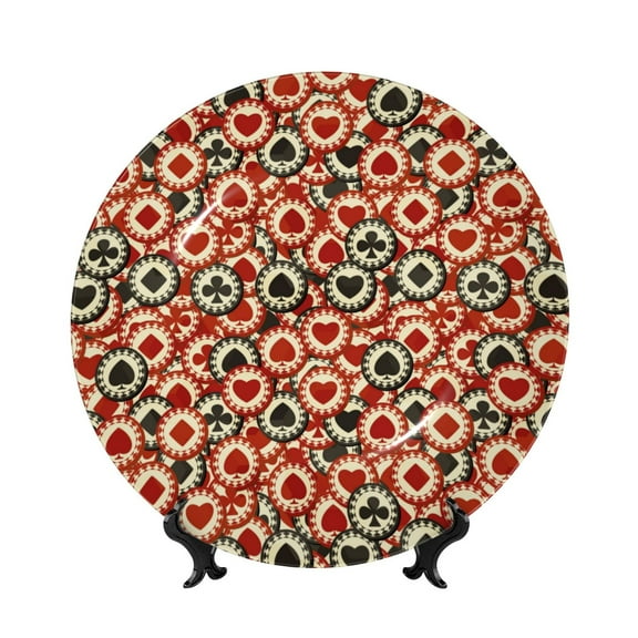 Picia Poker Chips Pattern Bone China Decorative Plate – Wall Decor with Stand and Adhesive, Elegant Ornament for Living Room, Office, or Entryway-6in